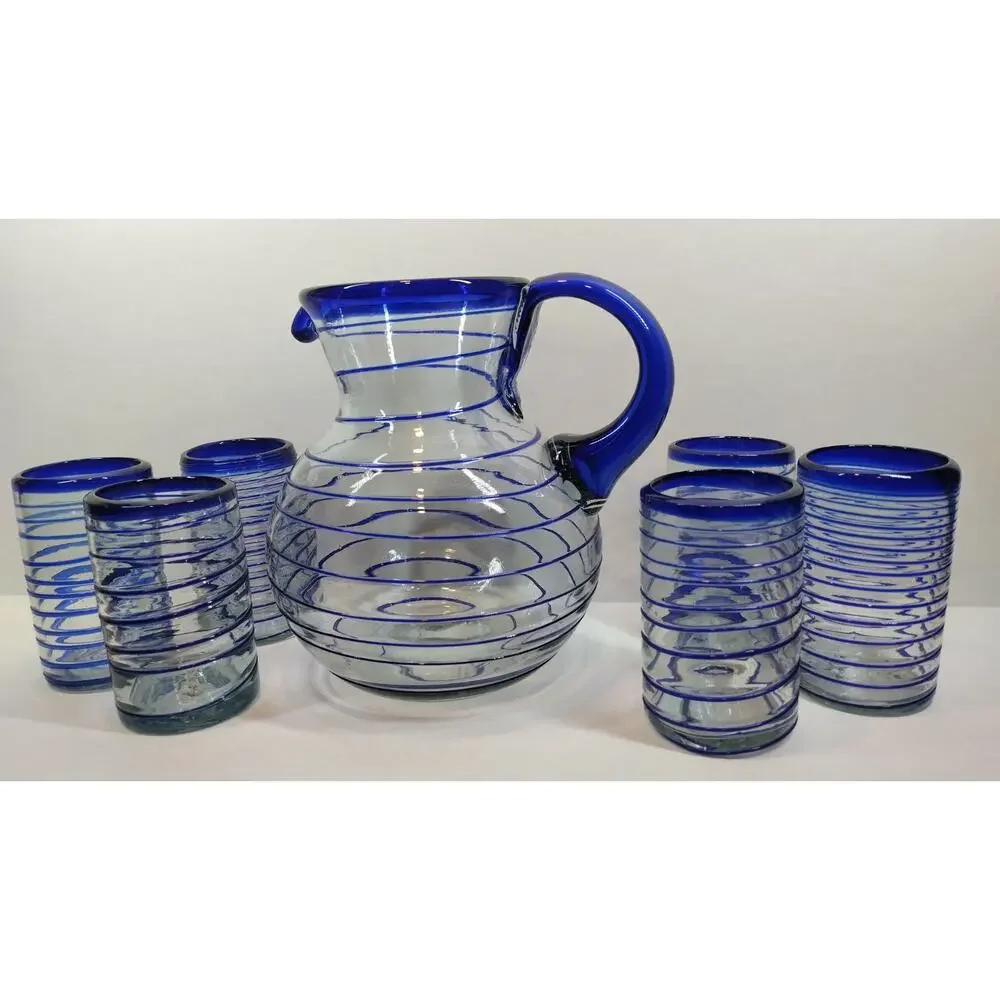 Hand Blown Cobalt & Clear Glass Swirl Pitcher & Glasses 7 Pc Set Made in Mexico